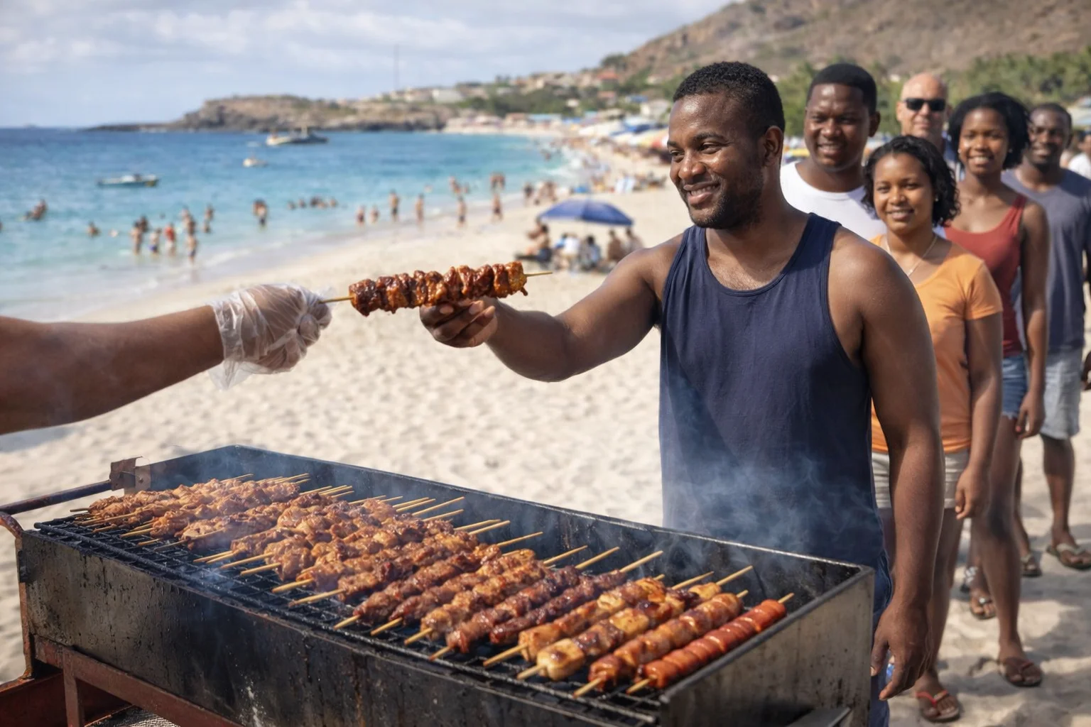 Vendedor de espetinho atendendo clientes na praia em Cabo Verde